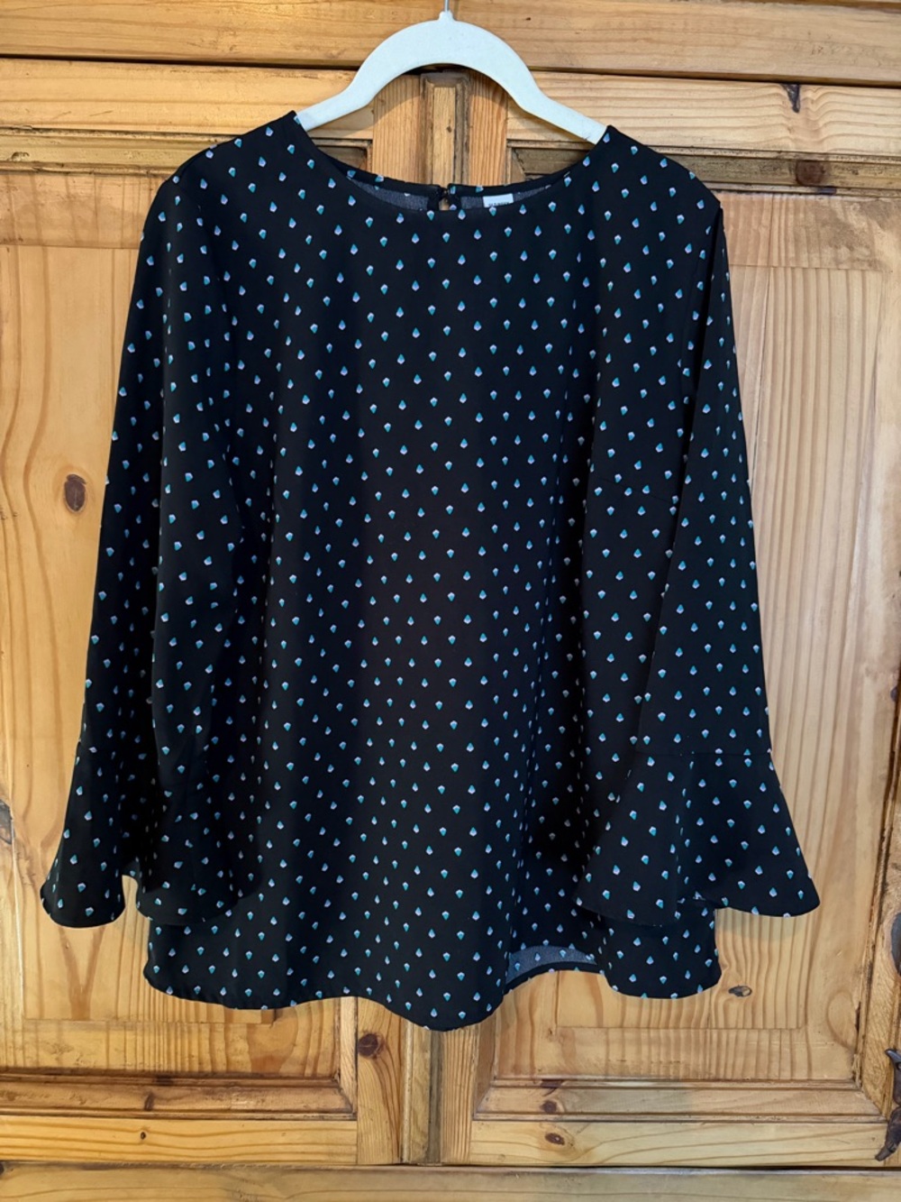 Old Navy Black Blouse with Teal Dot Print and Bell Sleeves